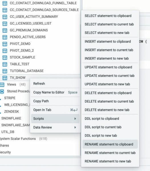 Screenshot of a dialog in Coginiti Pro showing how to use the automatically generate rename statement.