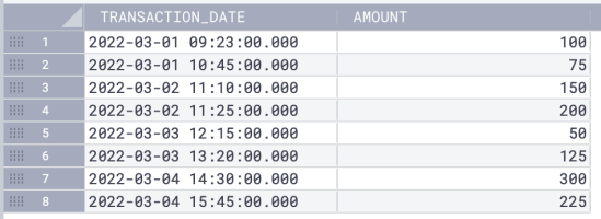 Table with two columns. The first one is “transaction_date,” containing timestamps. The second is “amount,” with integer numbers representing the number of sales.